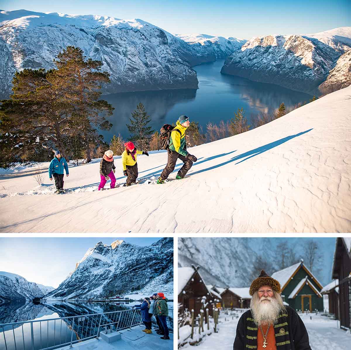 Three photos: four people snow shoe by the water, group stood on the deck of a boat in the fjords, man with white beard in viking costume Three photos: four people snow shoe by the water, group stood on the deck of a boat in the fjords, man with white beard in viking costume