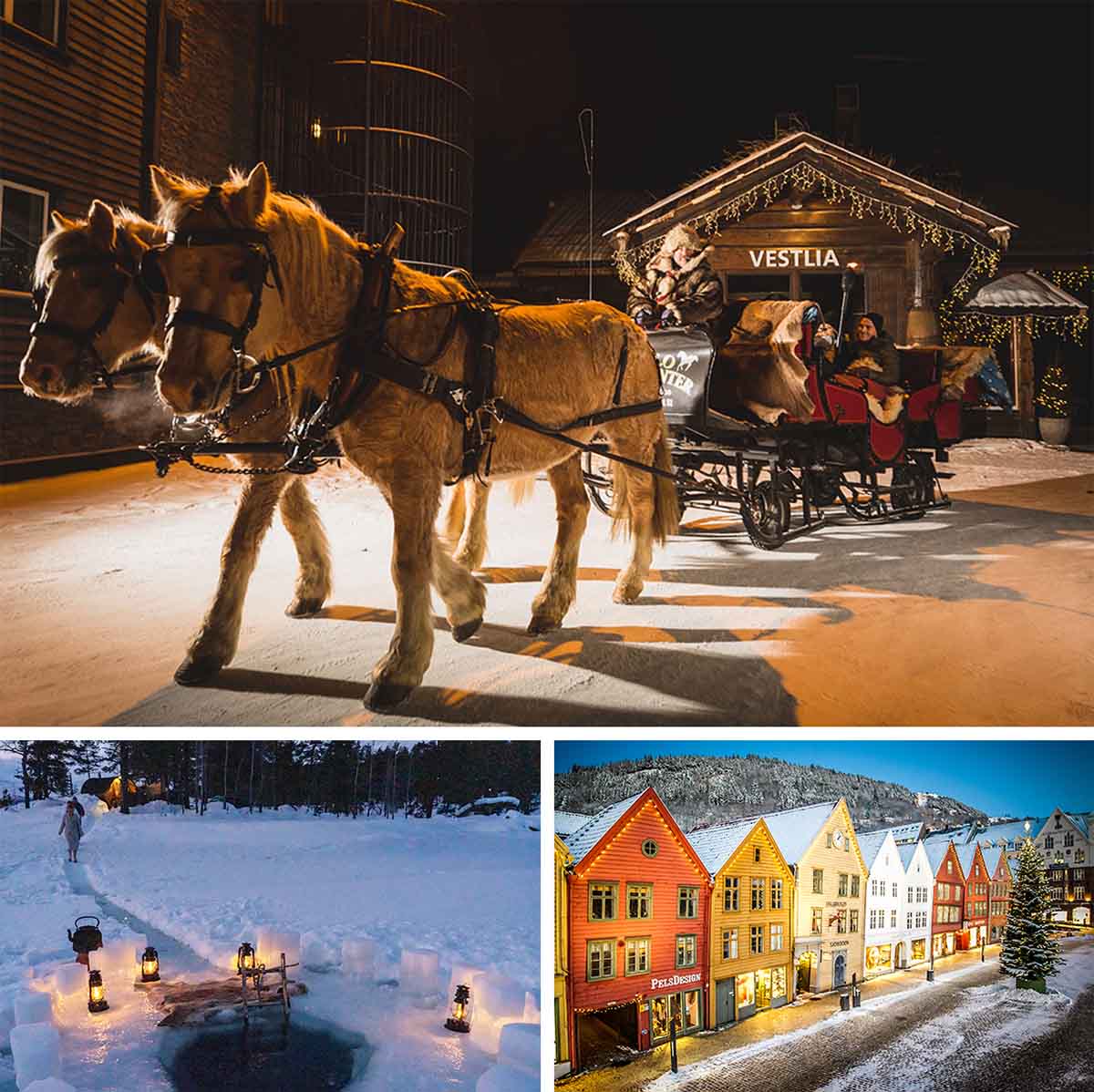 Norway Activities at Christmas: Horse Sleigh Ride in Geilo, Ice Bathing in Beito, Bergen Old Town Norway Activities at Christmas: Horse Sleigh Ride in Geilo, Ice Bathing in Beito, Bergen Old Town