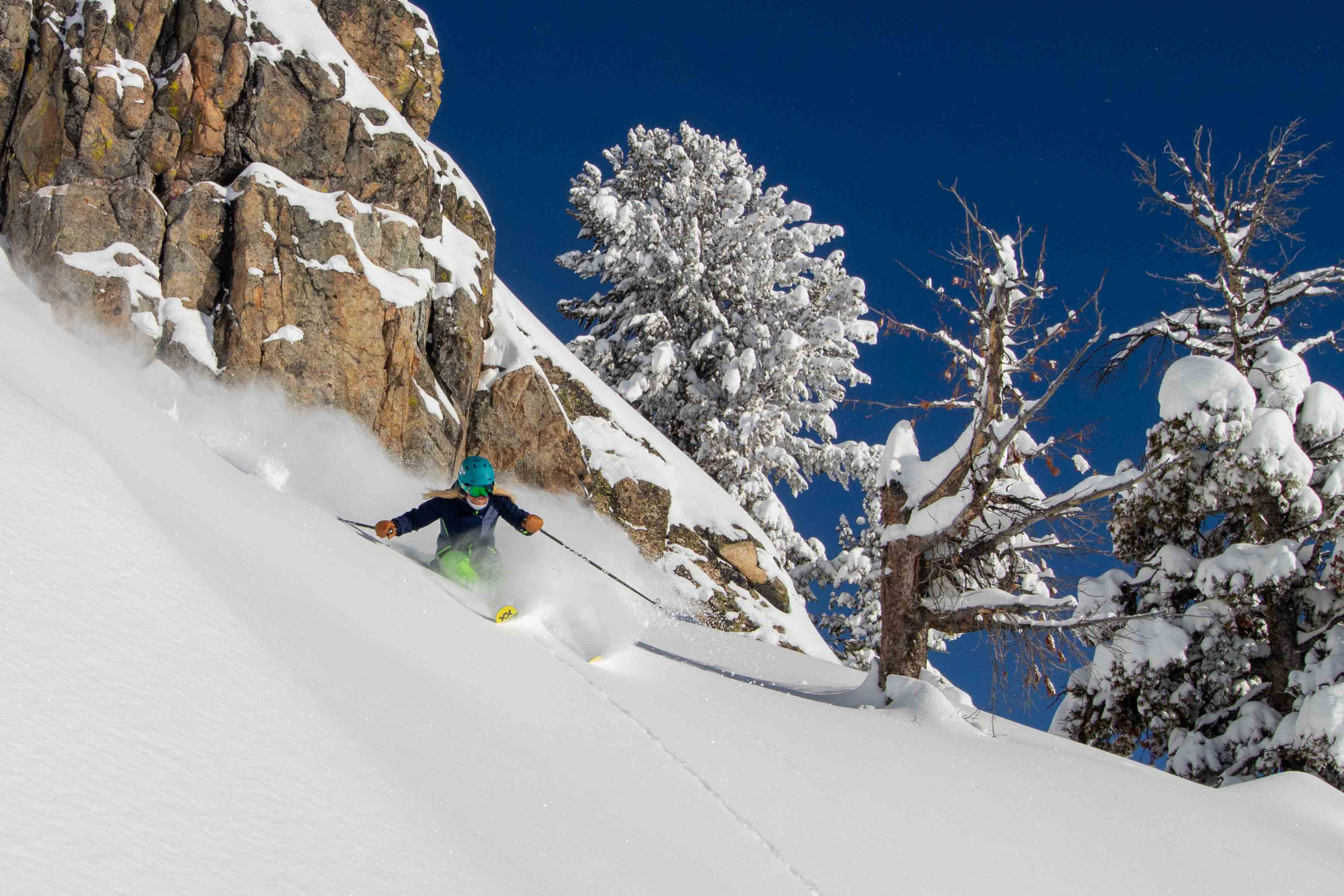 Jackson Hole features snow-dusted rock gullies that challenge the bravest of expert skiers © Jess McMillan / Jackson Hole Jackson Hole features snow-dusted rock gullies that challenge the bravest of expert skiers © Jess McMillan / Jackson Hole