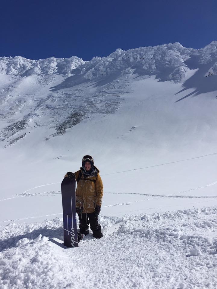 Abbie after hiking up Niseko’s Mount Yotei and skiing inside the crater! 