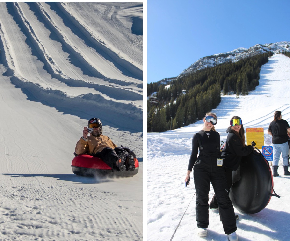 Customer Joy Herbert (left) and Sales Consultant Phoebe and Assistant Operations Manager Anna (right) enjoying tubing in Mt. Norquay Customer Joy Herbert (left) and Sales Consultant Phoebe and Assistant Operations Manager Anna (right) enjoying tubing in Mt. Norquay