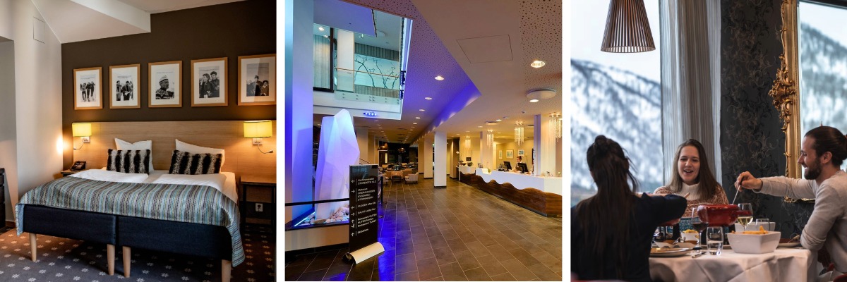 A standard room, the hotel reception, and fondue at the Myrkdalen Hotel © Sverre Hjornevik / Norway's Best / Nils Petter Dale A standard room, the hotel reception, and fondue at the Myrkdalen Hotel © Sverre Hjornevik / Norway's Best / Nils Petter Dale